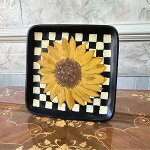 Sunflower Hand Painted Black & White Checkered Wooden Serving Tray Mackenzie Art